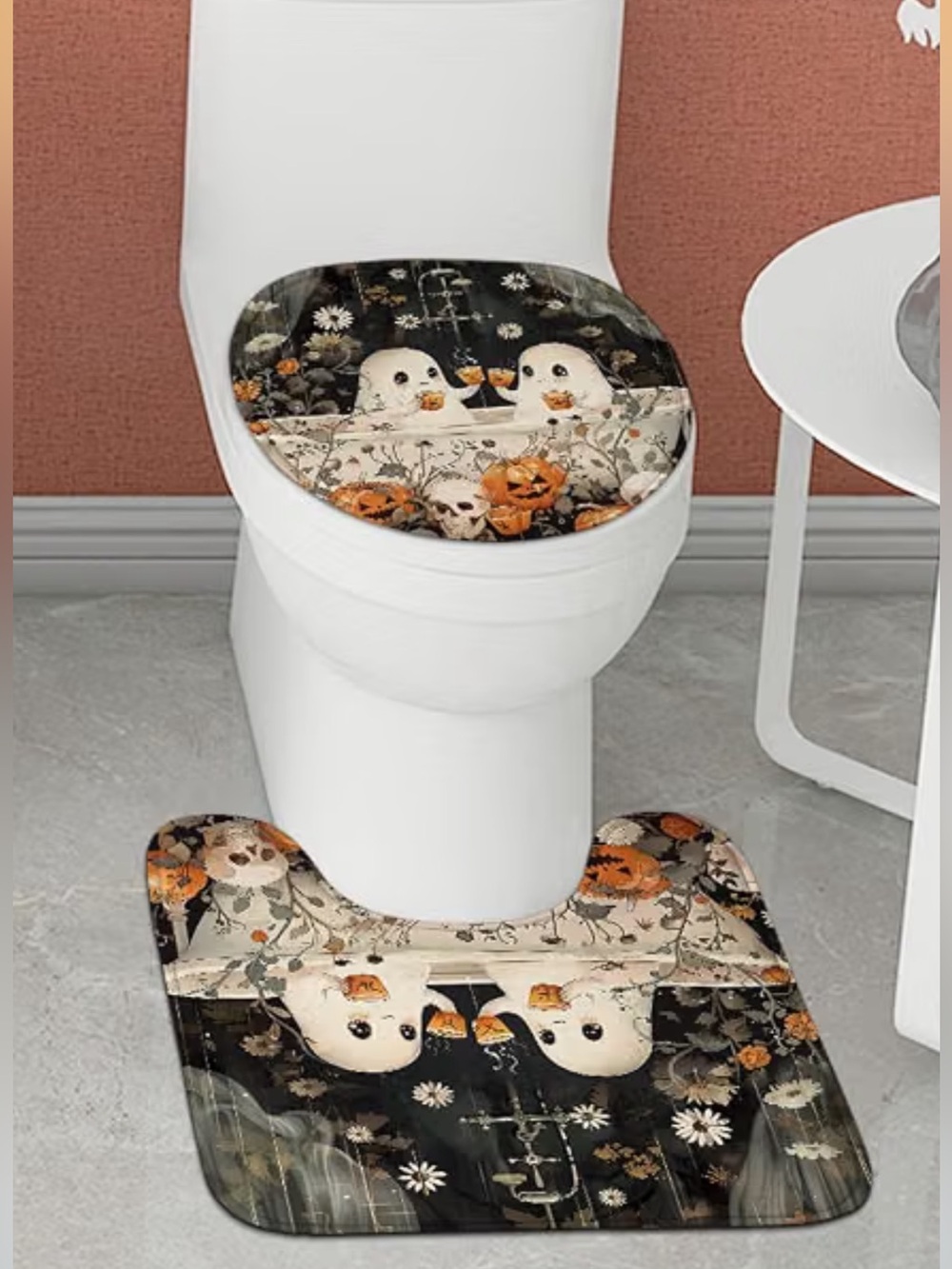 Halloween Ghost Toilet Cover Set - Black & Orange + 1 FREE gift included